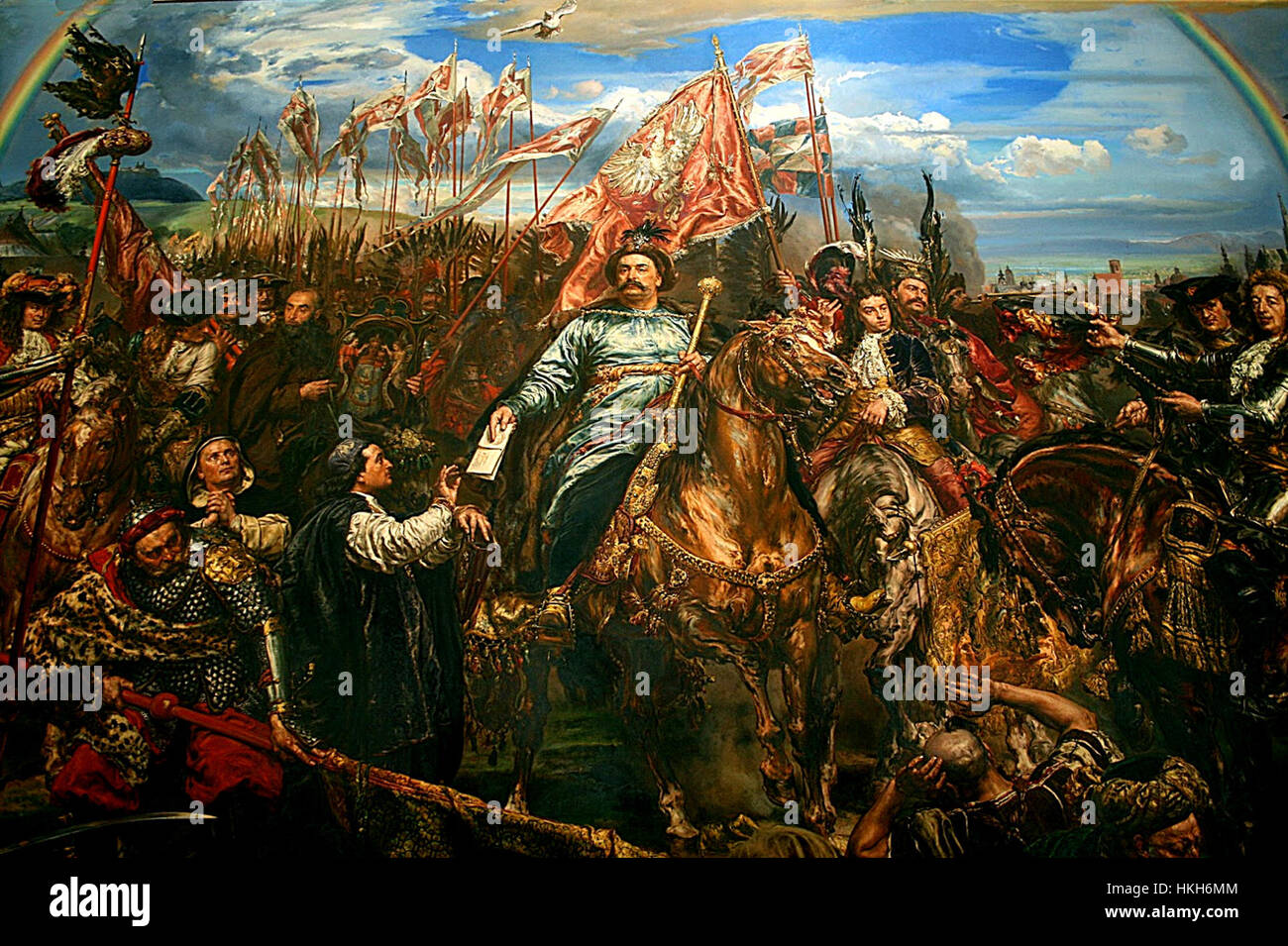 Ce tableau capture le moment historique où le roi Jean III Sobieski de Pologne a envoyé un message de victoire au pape Innocent XI après la bataille de Vienne en 1683. La défaite de Sobieski contre les forces ottomanes a marqué un tournant dans l’histoire européenne, et le tableau commémore cet événement victorieux. Banque D'Images
