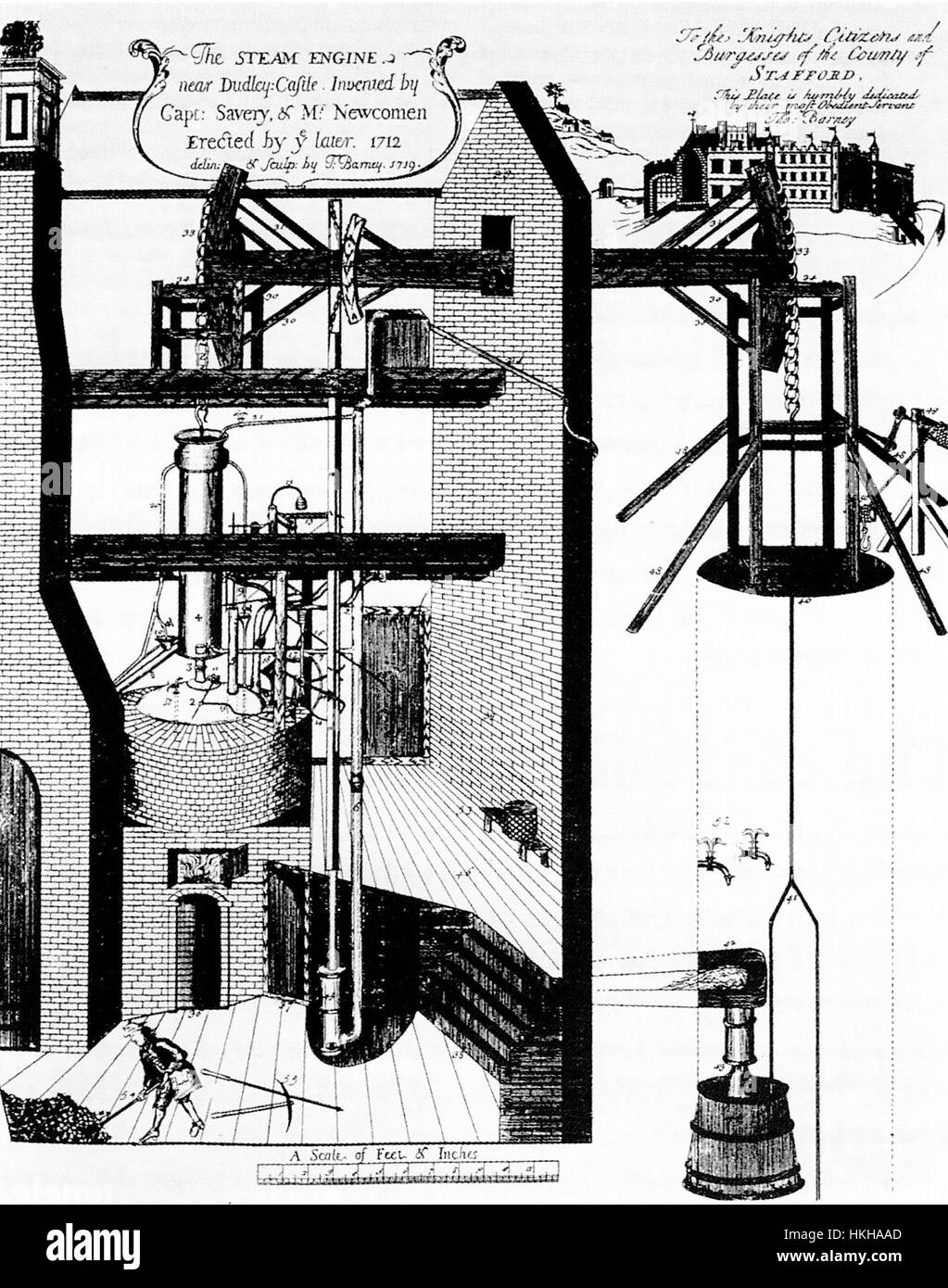 THOMAS NEWCOMEN (1664-1729) inventeur anglais. Avec Thomas Savery, il a conçu un moteur à vapeur illustré ici installé au château de Dudley, West Midlands, en 1712 Banque D'Images