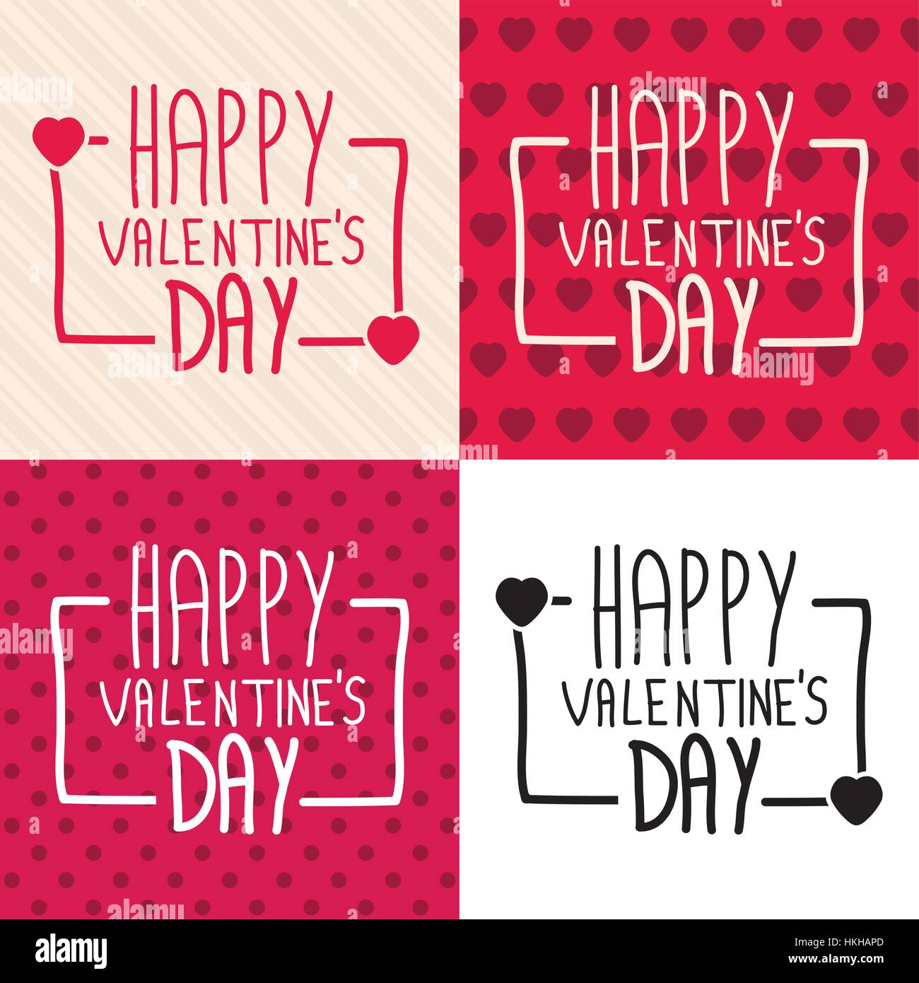 Vector collection de cartes Valentines Day avec typographie dessiné à la main, cœurs, à pois, rayé et fonds blancs carte typographique élégant. Illustration de Vecteur