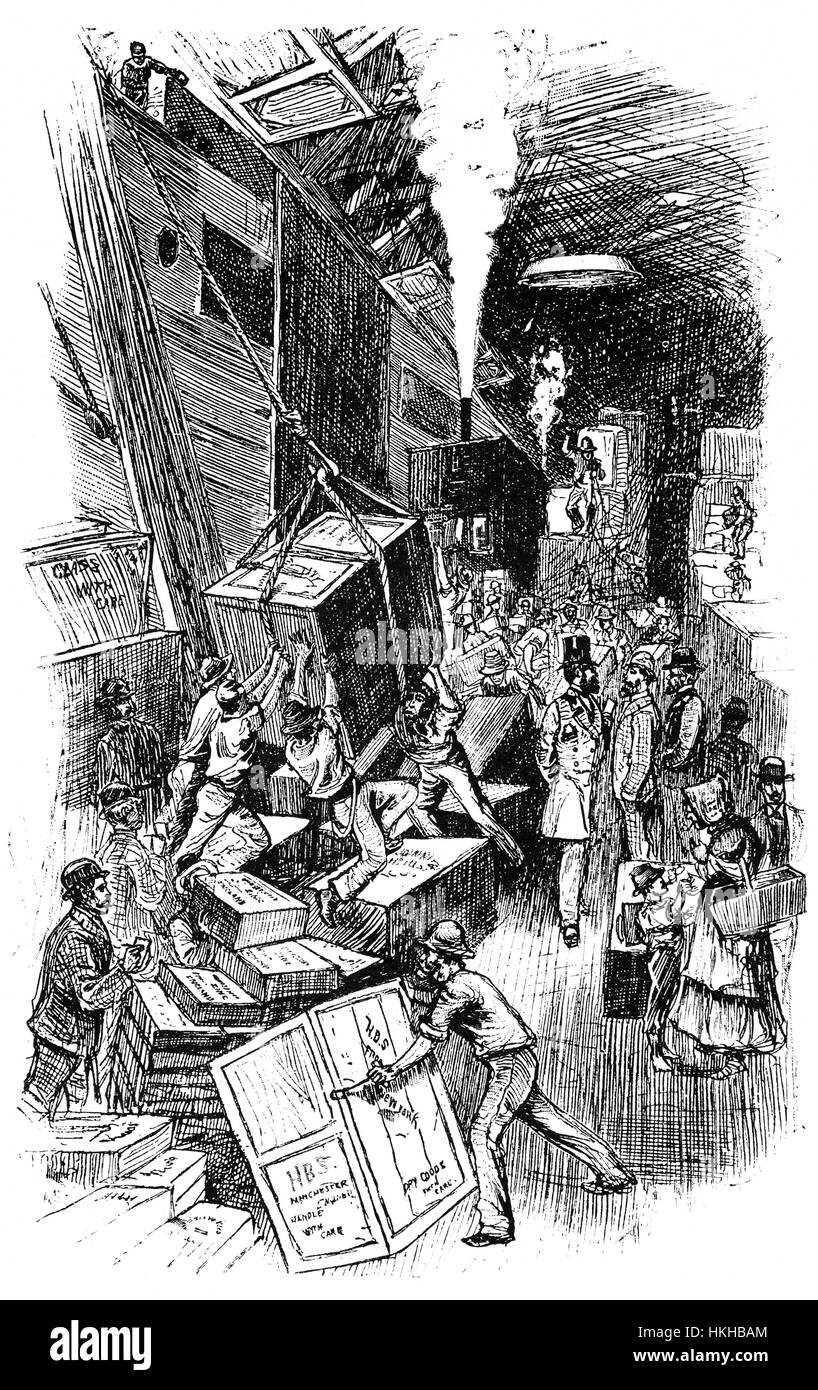 1879 : traitement des dockers à destination de l'Europe des marchandises sur un quai sur le bord de l'eau de New York, États-Unis d'Amérique Banque D'Images