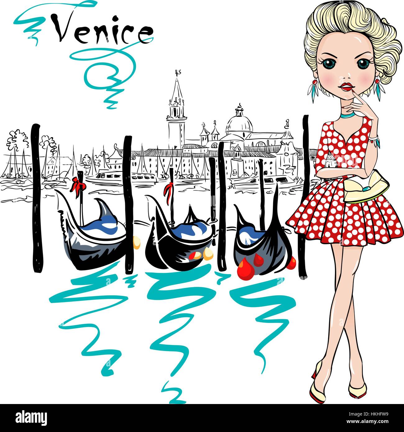 Cute fashion girl à Venise, Italie. Illustration de Vecteur