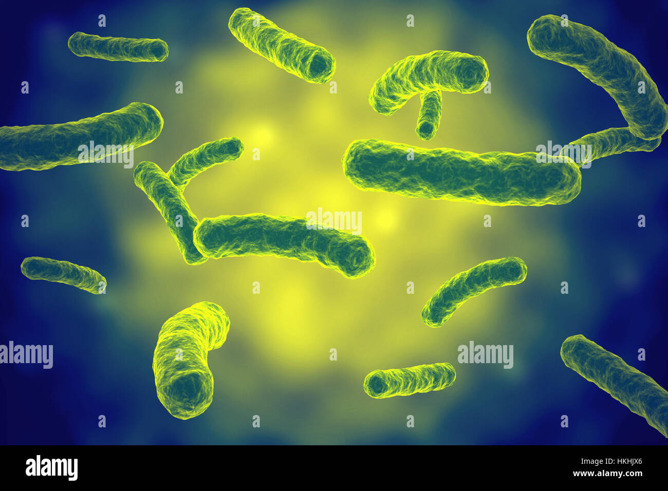 Plusieurs virus ou bactérie verte vue microscopique du liquide dans l'illustration avec une faible profondeur de champ Banque D'Images