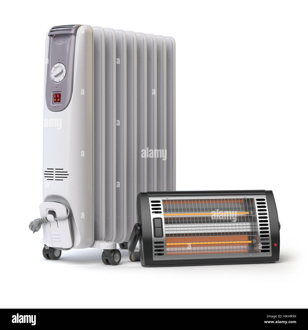 Et l'huile de chauffage infrarouge ou halogène chauffage et dispositifs .équipement climatique. Électroménager chauffage isolé sur fond blanc. Illustratio 3d Banque D'Images