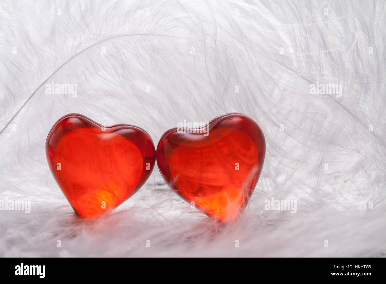 Coeur rouge sur fond blanc plumes de fond Banque D'Images