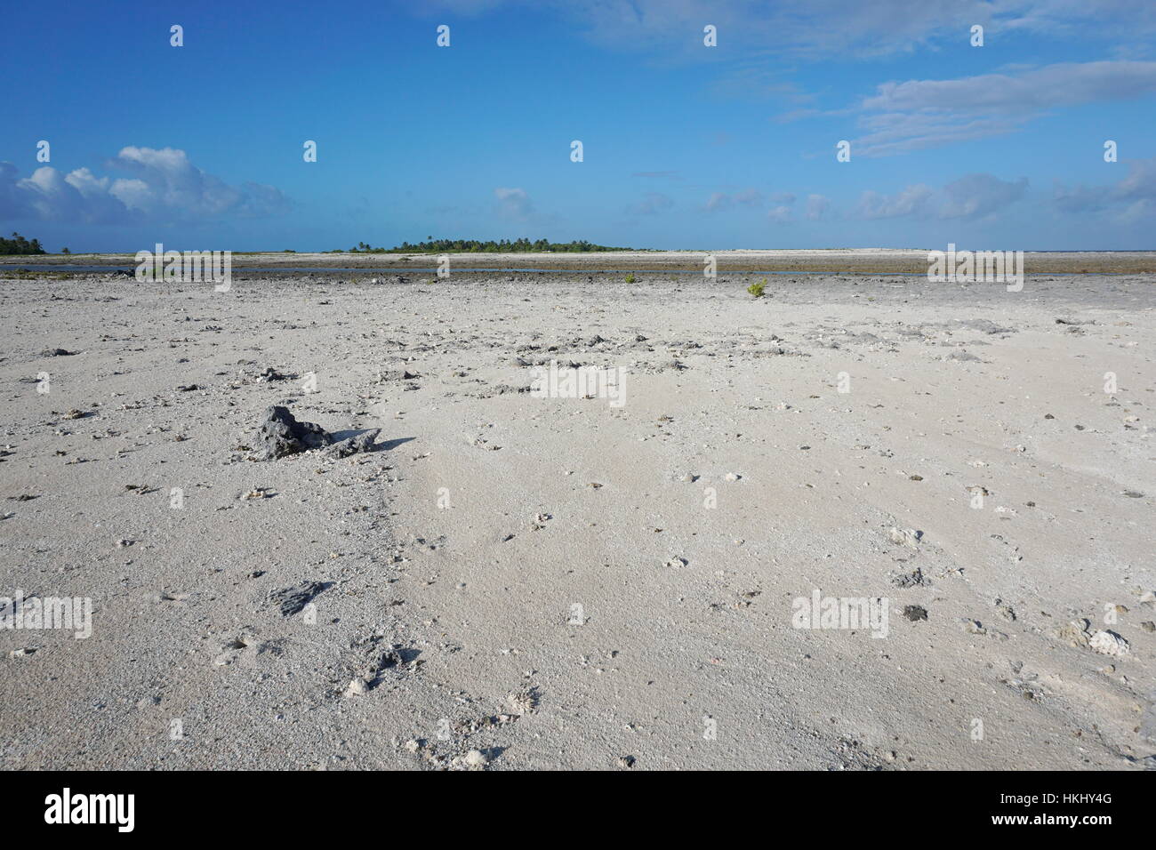 Dans un paysage désertique, part régulièrement recouverte par la mer avec un îlot à l'horizon, l'atoll de Tikehau, archipel des Tuamotu, en Polynésie française, en P Banque D'Images