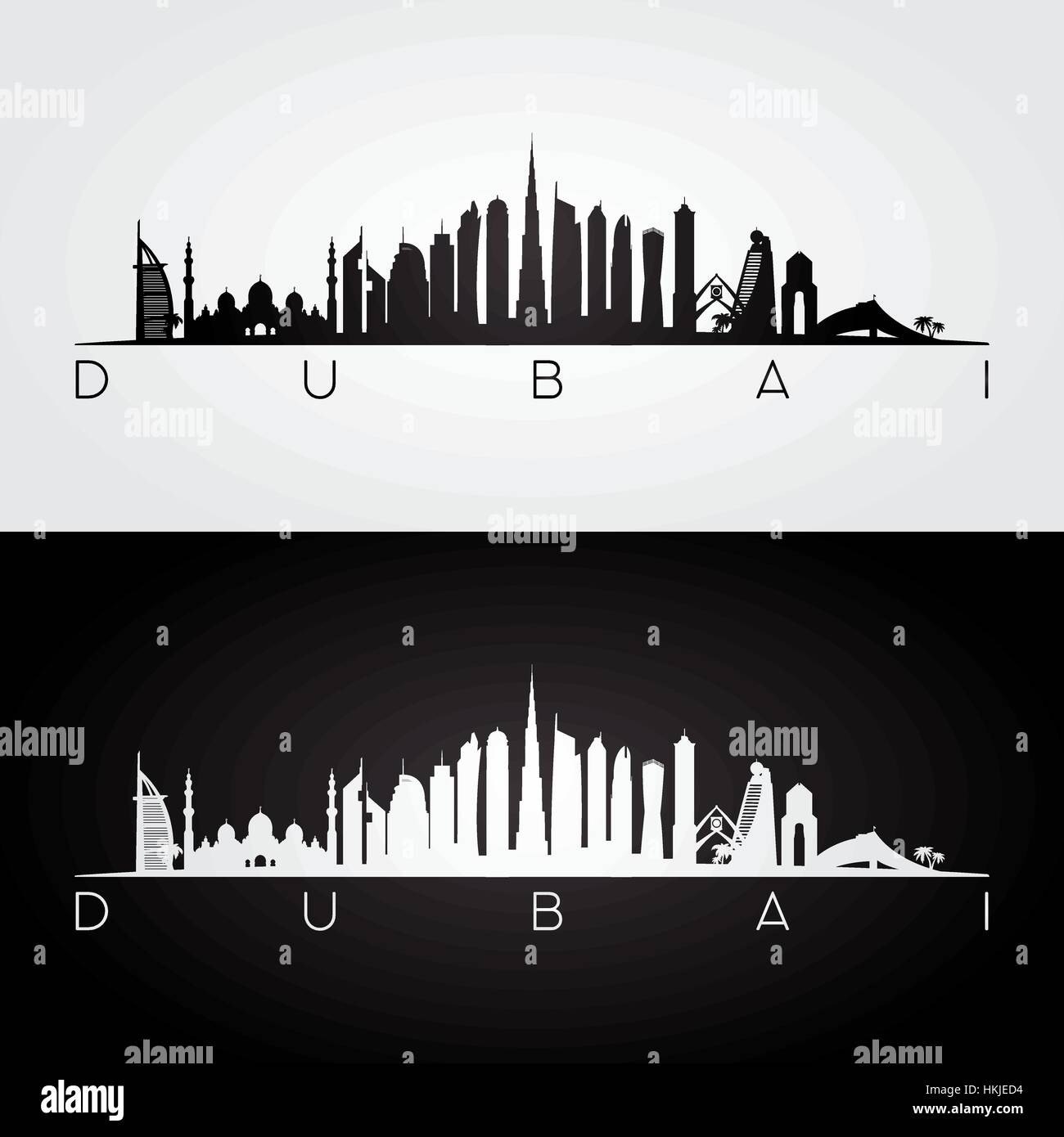 UAE Dubai skyline et les repères d'ossature, noir et blanc design,  illustration vectorielle Image Vectorielle Stock - Alamy