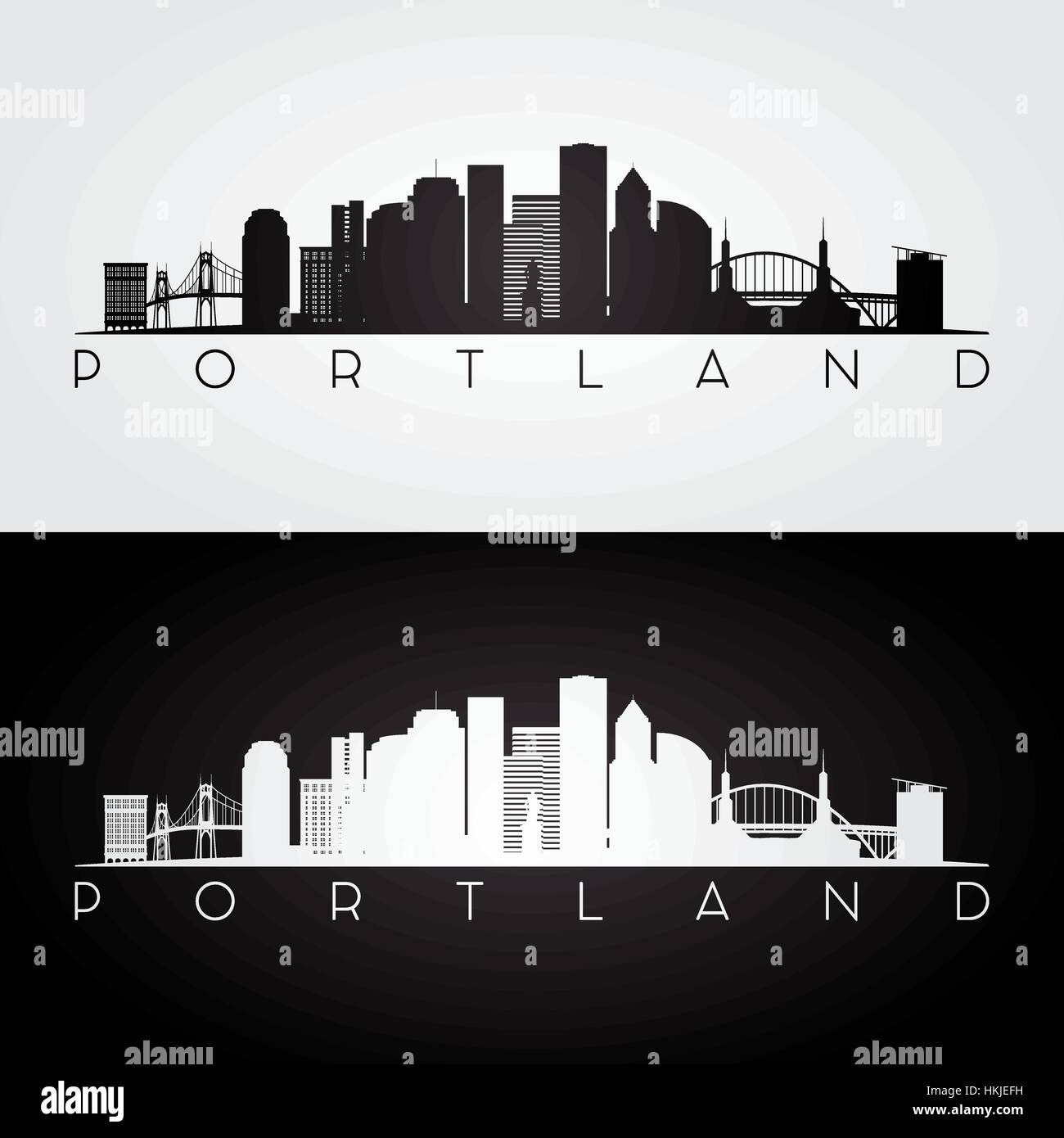 Portland USA skyline et les repères d'ossature, noir et blanc design, illustration vectorielle. Illustration de Vecteur