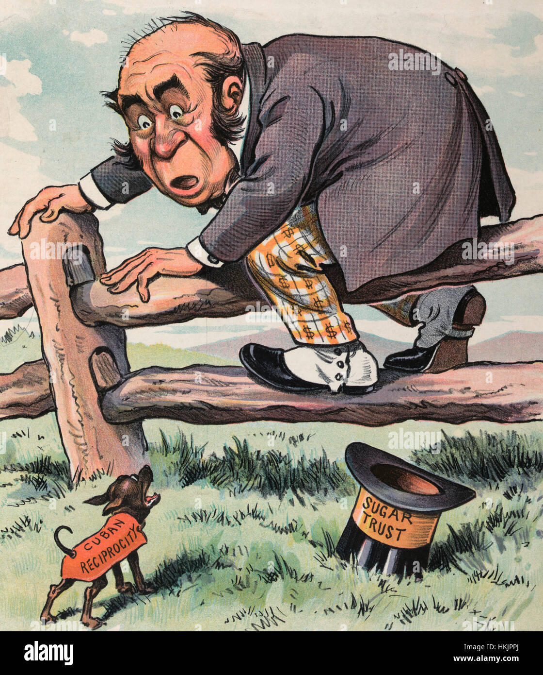 Peur - caricature politique montre un petit chien marqués 'réciprocité' Cubain qui jappe à un homme qui a escaladé une clôture de la peur, son chapeau étiqueté 'trust' tombé à terre. 1902 Banque D'Images