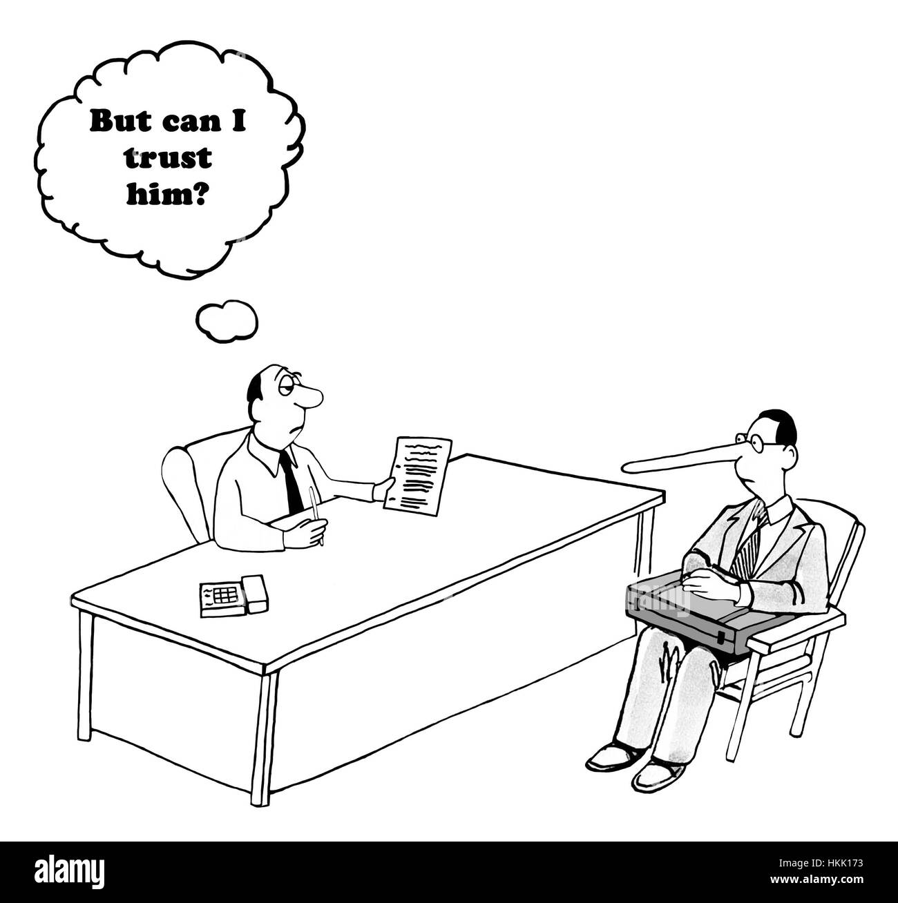 Caricature d'un homme d'affaires sur demande s'il peut faire confiance au vendeur avec le long nez. Banque D'Images