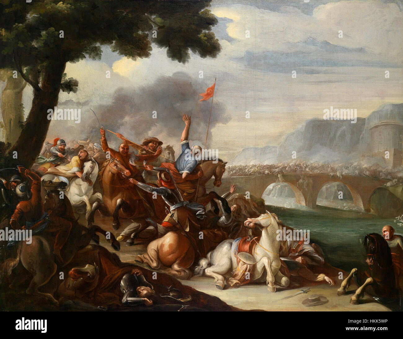 Reitergefecht zwischen Christen und Osmanen d'August Querfurt décrit une bataille entre les forces chrétiennes et ottomanes. Le tableau illustre les conflits militaires du XVIe siècle, capturant l'intensité de la bataille entre les deux armées. Banque D'Images