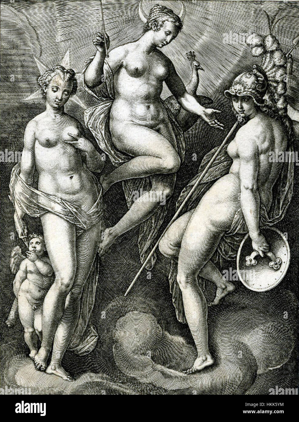 La gravure 'Vénus, Junon et Minerve' d'Adriaen Collaert d'après Jan van der Straet (1587) dépeint les trois déesses de la mythologie romaine. La pièce reflète le style classique de la fin du XVIe siècle et souligne l'influence des thèmes mythologiques dans l'art européen de la Renaissance. Banque D'Images