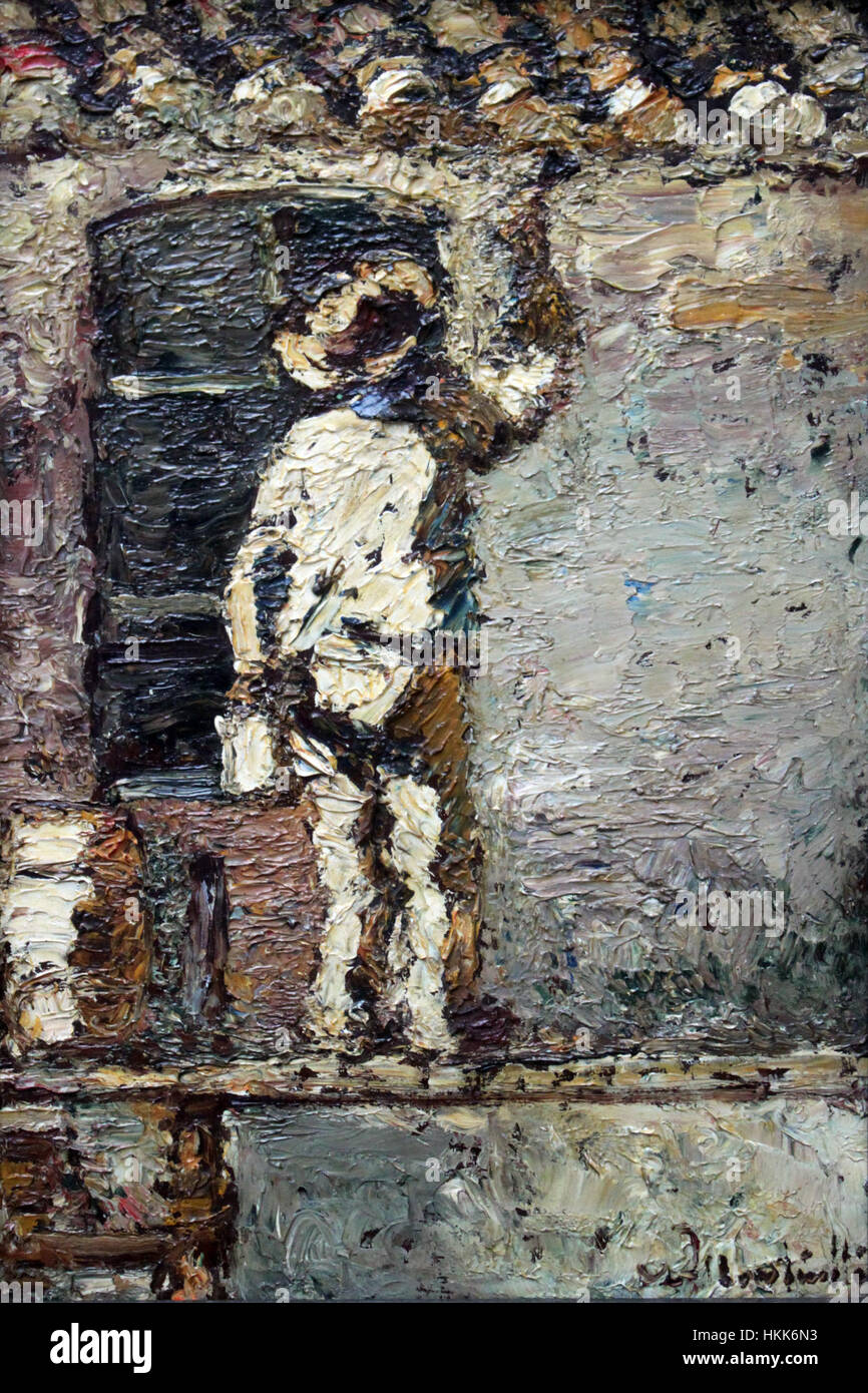 La peinture de Monticelli, intitulée 'Anstreicher an einer Hauswand' de 1875, représente une scène d'un ouvrier peignant un mur. L’œuvre reflète la vie de la classe ouvrière de l’époque et l’utilisation distinctive de Monticelli de la couleur et de la technique du coup de pinceau. Banque D'Images