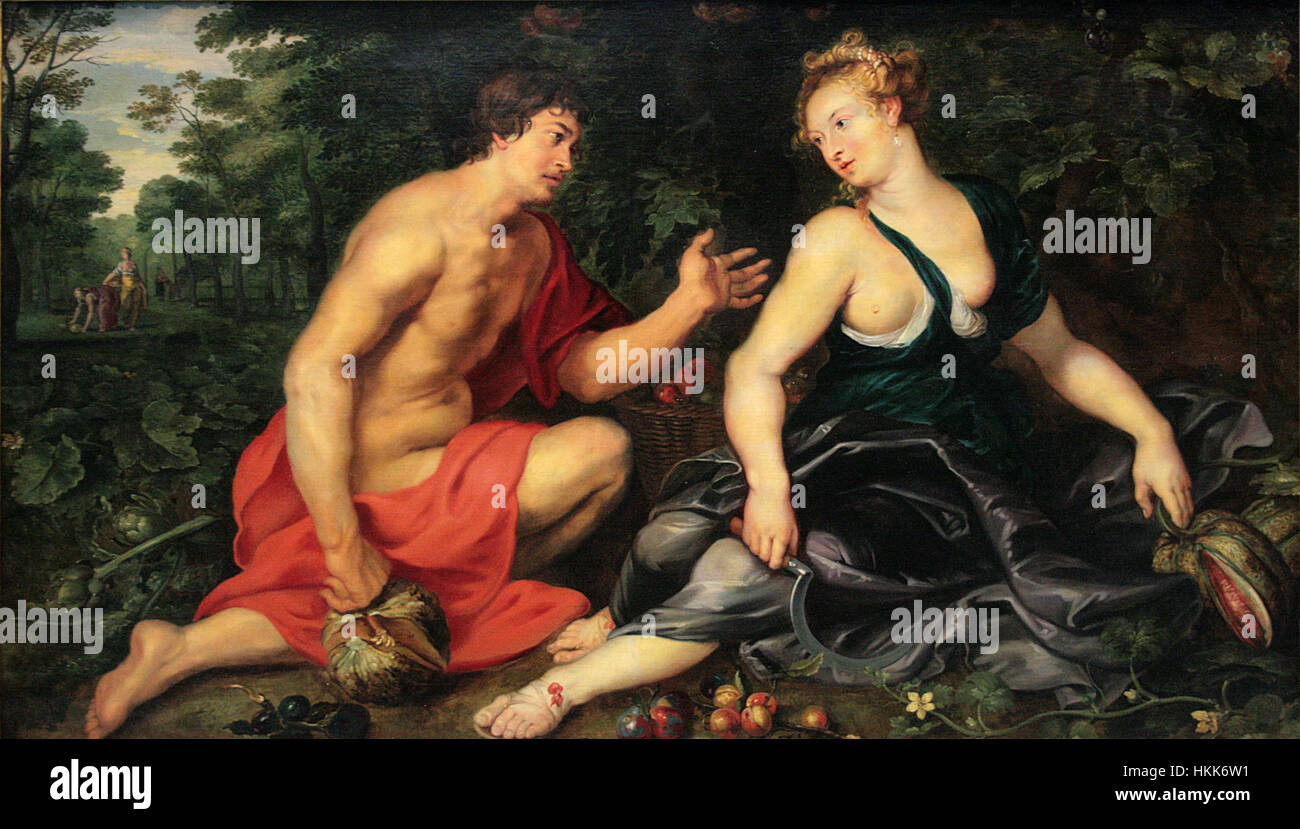 'Vertumne et Pomone' est une peinture de Peter Paul Rubens, créée entre 1617-1619. L'œuvre représente les dieux romains Vertumne et Pomona dans une scène mythologique, mettant en évidence la maîtrise de Rubens de la couleur et de l'émotion. Banque D'Images