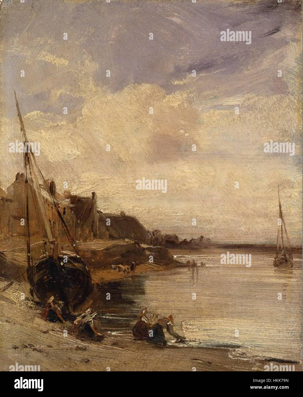 'Low Tide at Boulogne' de Richard Parkes Bonington, peint en 1824, capture une scène côtière à marée basse à Boulogne, en France. L'œuvre est célébrée pour sa représentation de la lumière atmosphérique et du paysage marin, typique du style romantique de Bonington. Banque D'Images