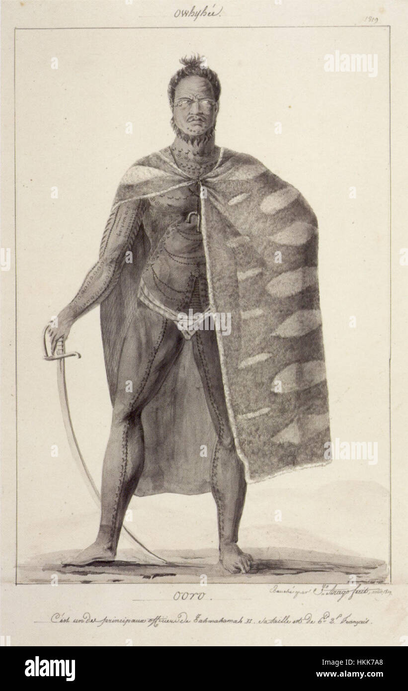 'Ooro, l'un des principaux agents de Kamehameha II', plume et lavis à l'encre sur mine par Jacques Arago, 1819, Honolulu Academy of Arts Banque D'Images