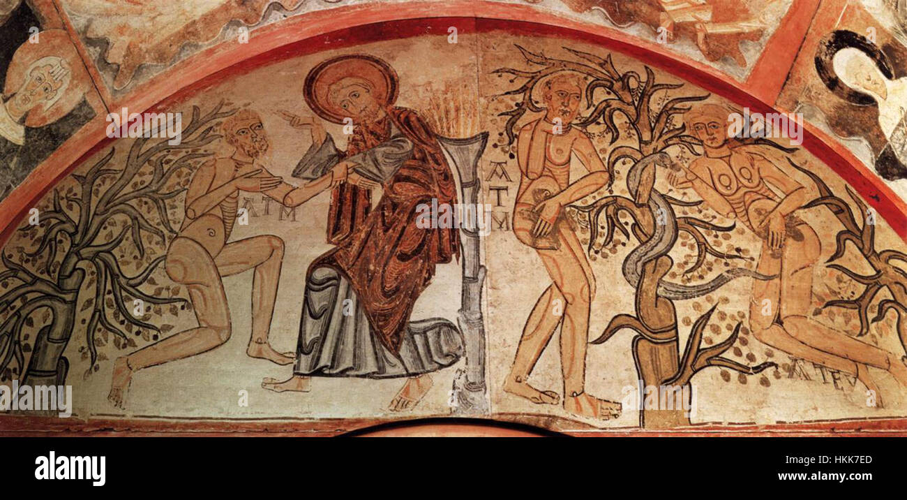 Une œuvre d'art du XIIe siècle par un artiste inconnu, illustrant les scènes bibliques de la Création d'Adam et du Péché originel, un exemple précoce de l'art chrétien durant la période médiévale. Banque D'Images