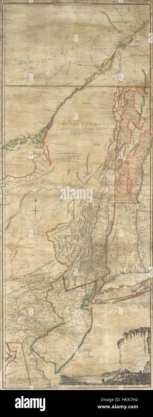 Une première édition de la carte de Jeffreys, datée de 1768, montrant la disposition géographique de New York et du New Jersey. Cette carte historique est une représentation ancienne importante de la région et donne un aperçu de son paysage au XVIIIe siècle. Banque D'Images