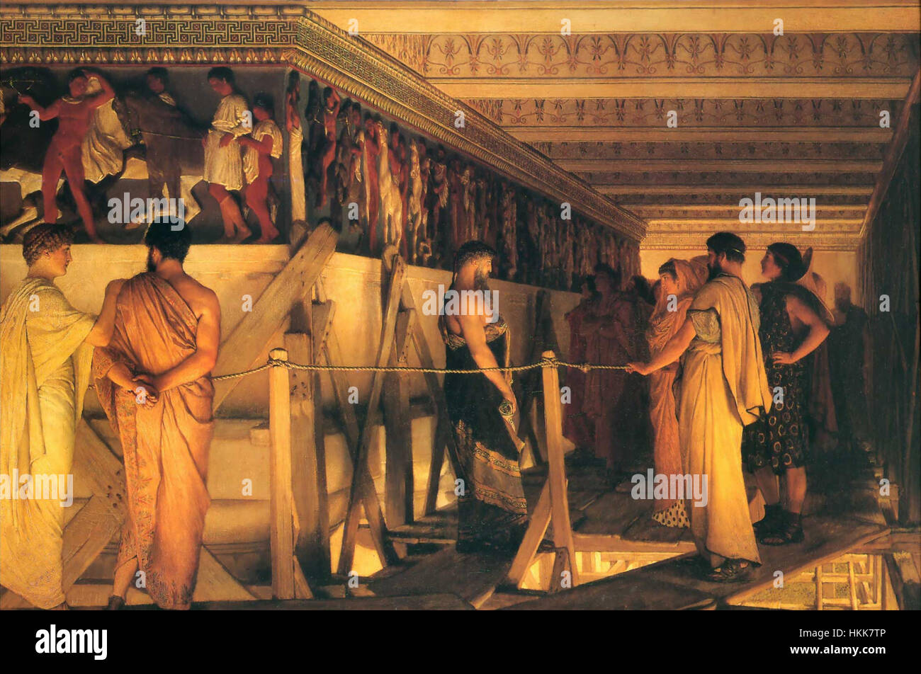 Dans ce tableau de 1868 de Lawrence Alma-Tadema, l'artiste représente Phidias, le sculpteur grec, mettant en valeur la célèbre frise du Parthénon à ses amis. L'œuvre est un bel exemple de l'attention méticuleuse d'Alma-Tadema à l'architecture classique et à l'histoire grecque, capturant un moment de vénération artistique et d'échanges savants. Banque D'Images