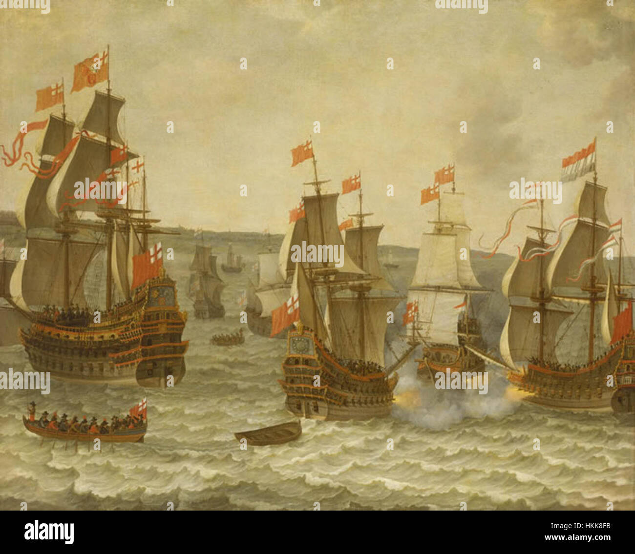 Cette peinture d'Abraham Willaerts représente une scène navale de la première guerre néerlandaise, mettant en valeur une bataille historique entre les forces néerlandaises et anglaises. L'œuvre illustre la tactique navale et la concurrence féroce au XVIIe siècle. Banque D'Images