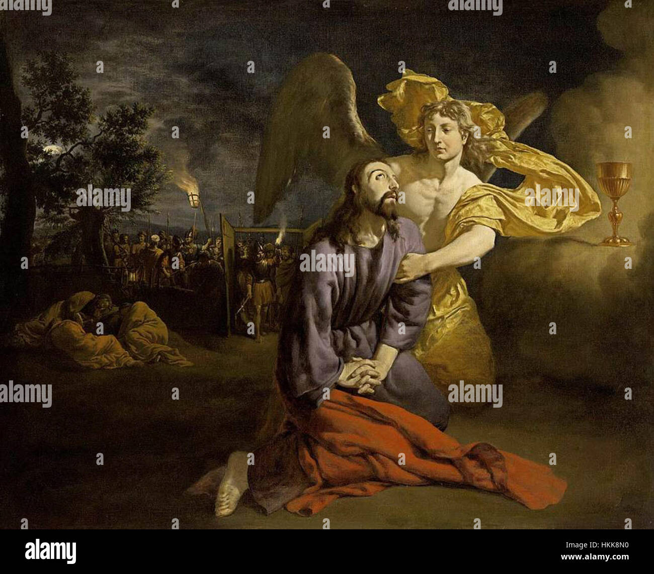 « Agonie dans le jardin » d'Adriaen van de Velde représente la scène biblique de Jésus dans le jardin de Gethsémani. Le tableau est réputé pour sa représentation détaillée du moment de prière et d’angoisse avant l’arrestation de Jésus, dans un paysage serein. L’utilisation habile de la lumière et de l’ombre par Van de Velde crée un puissant effet émotionnel. Banque D'Images