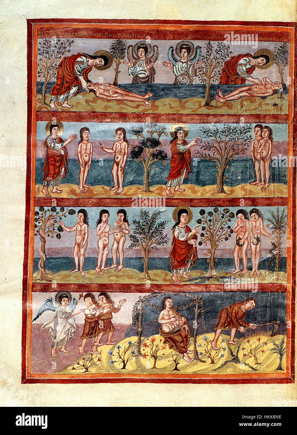 La Bible de Grandval, un manuscrit médiéval illustré, présente des représentations artistiques d'Adam et Ève, mettant l'accent sur les thèmes bibliques et les techniques utilisées lors de sa création. Banque D'Images