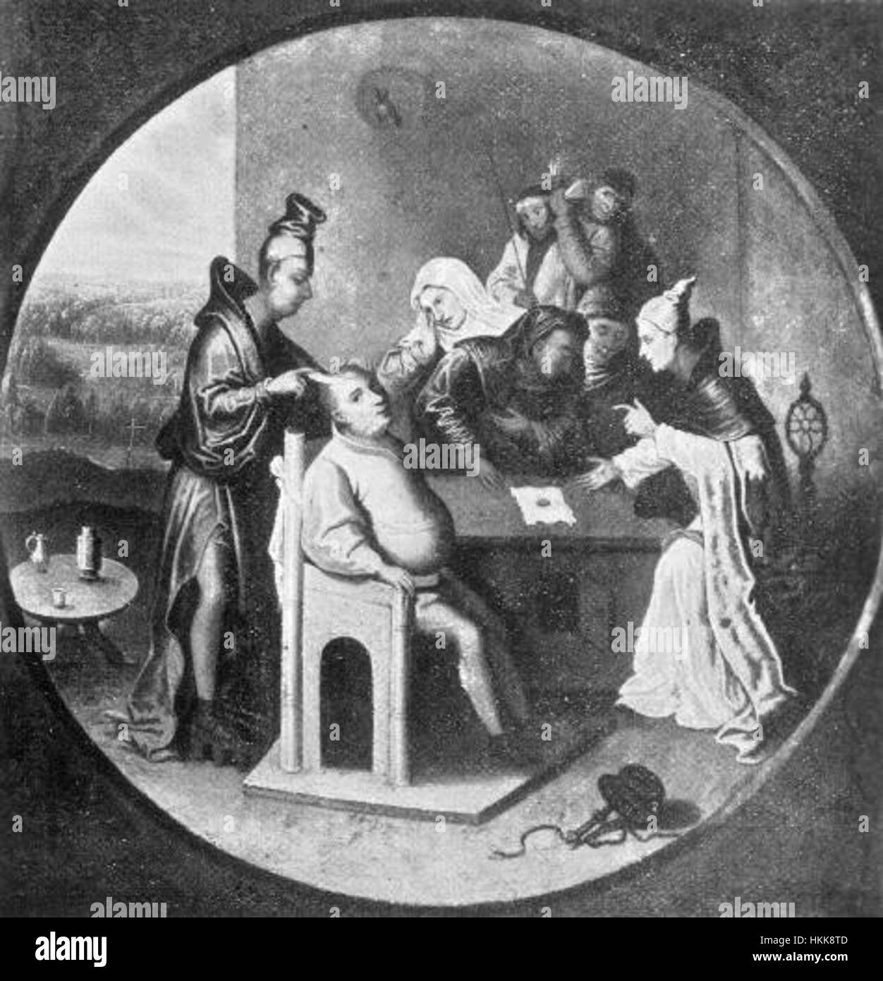 Cette œuvre, intitulée 'After Jheronimus Bosch 033', s'inspire du style complexe et fantastique du célèbre peintre Jheronimus Bosch. La pièce reflète son imagerie surréaliste caractéristique et son symbolisme complexe, représentant des figures et des créatures dans des décors oniriques. Banque D'Images