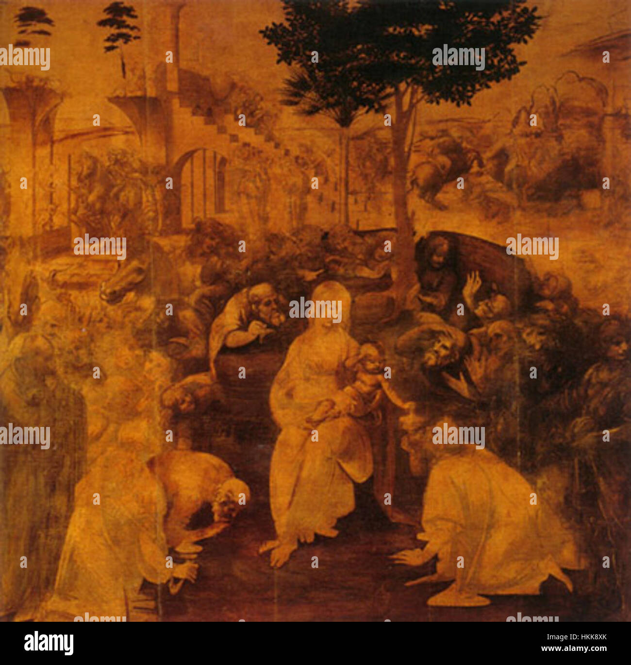 Adoration des mages est une peinture classique représentant les trois Sages présentant des cadeaux à l'enfant Jésus. L'œuvre met en valeur le style Renaissance, mettant l'accent sur le symbolisme religieux et le récit de l'histoire de la nativité. Banque D'Images