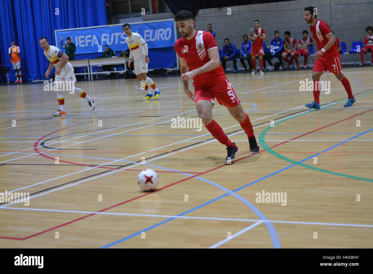 Gibraltar, Royaume-Uni. 28 janvier, 2017. Futsal UEFA Euro, Groupe Préliminaire étape. Gibraltar 1-8 Monténégro à Tercentenary Sports Hall, Gibraltar. Crédit : Stephen Ignacio/Alamy Live News Banque D'Images