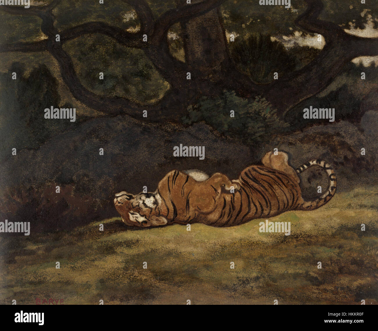 'Tiger Rolling' d'Antoine-Louis Barye est une sculpture dynamique représentant un tigre en mouvement, montrant la maîtrise de l'artiste dans la capture des mouvements naturels d'animaux. Banque D'Images