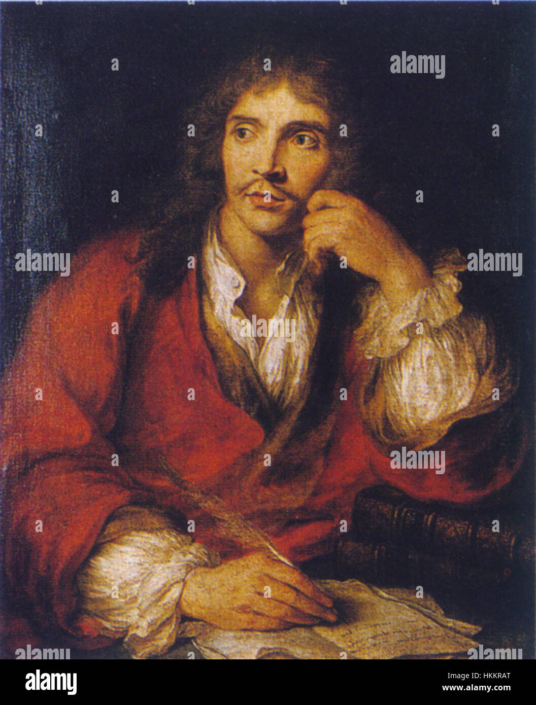 Ce portrait de Molière capture le dramaturge dans son style caractéristique, représentant le monde comique et théâtral du drame français du XVIIe siècle. Ses contributions à la littérature française et au théâtre sont décrites à travers le compris Banque D'Images