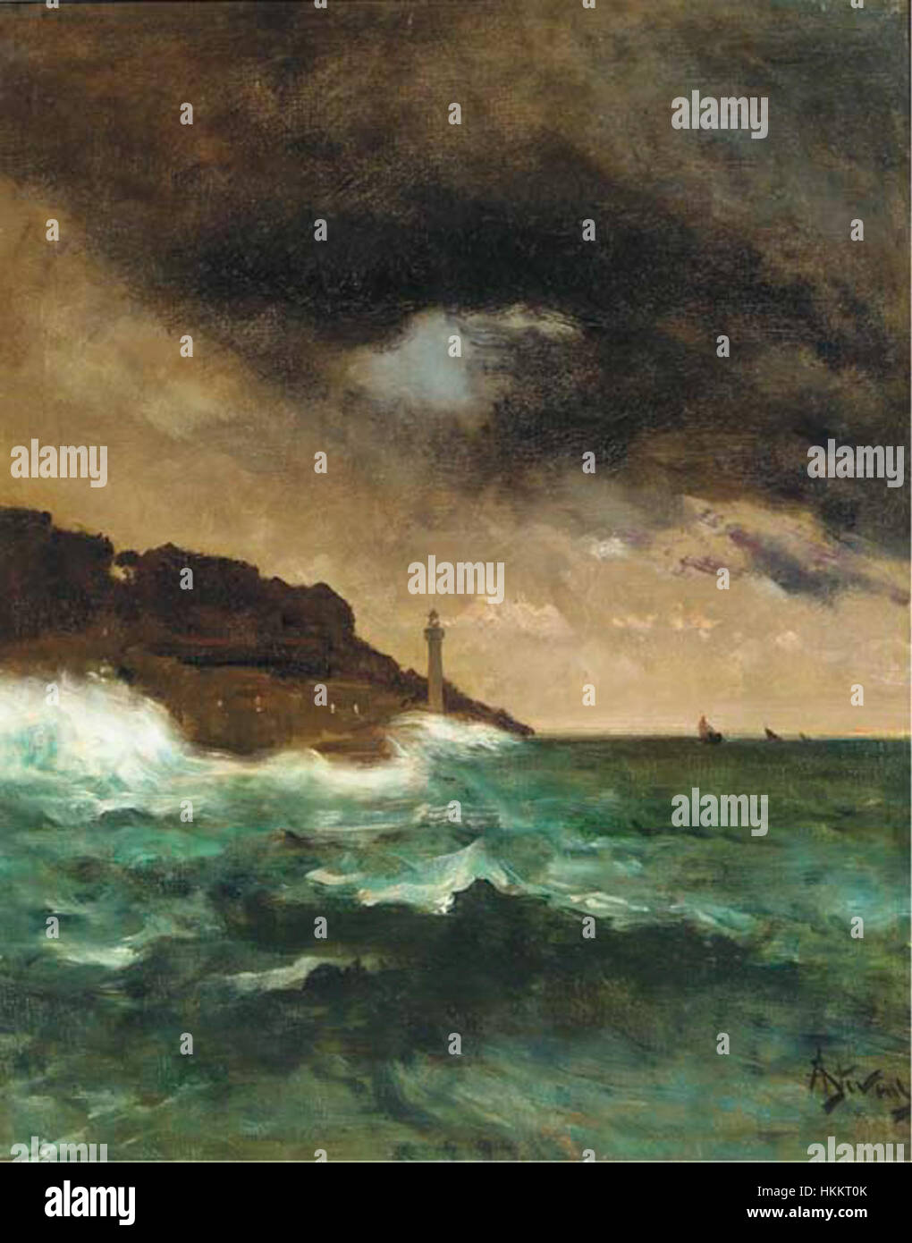 « Lighthouse at Dusk » d'Alfred Stevens dépeint une scène côtière sereine, mettant en valeur le rôle du phare en tant que lumière guide pendant les heures de la soirée. La peinture reflète la maîtrise de Stevens dans la capture de la lumière et de l'atmosphère, typique de ses œuvres ultérieures. Banque D'Images