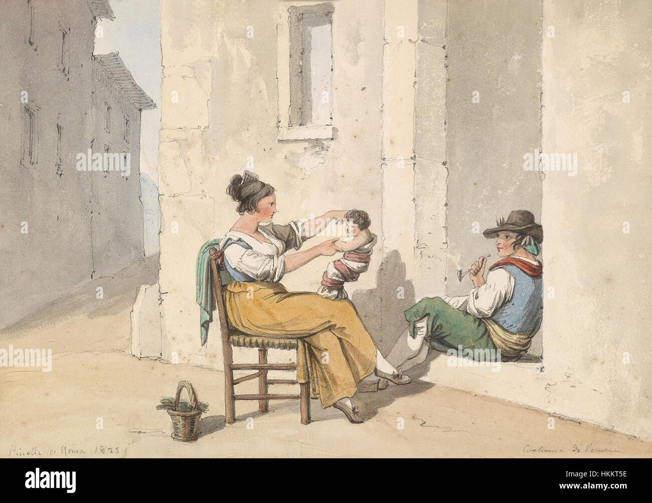 Cette peinture de 1825 de Bartolomeo Pinelli représente une charmante scène de rue à Rome, avec une famille debout devant leur maison. L'œuvre met en lumière la vie quotidienne dans l'Italie du XIXe siècle en mettant l'accent sur les éléments domestiques et urbains. Banque D'Images