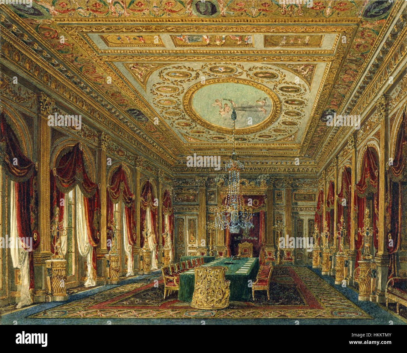 Cette peinture de 1818 de Charles Wild représente la salle du trône de Carlton House, Londres, une importante résidence royale. L'œuvre d'art capture l'opulence et la grandeur de l'espace royal, en se concentrant sur le trône et le design luxueux environnant. Banque D'Images