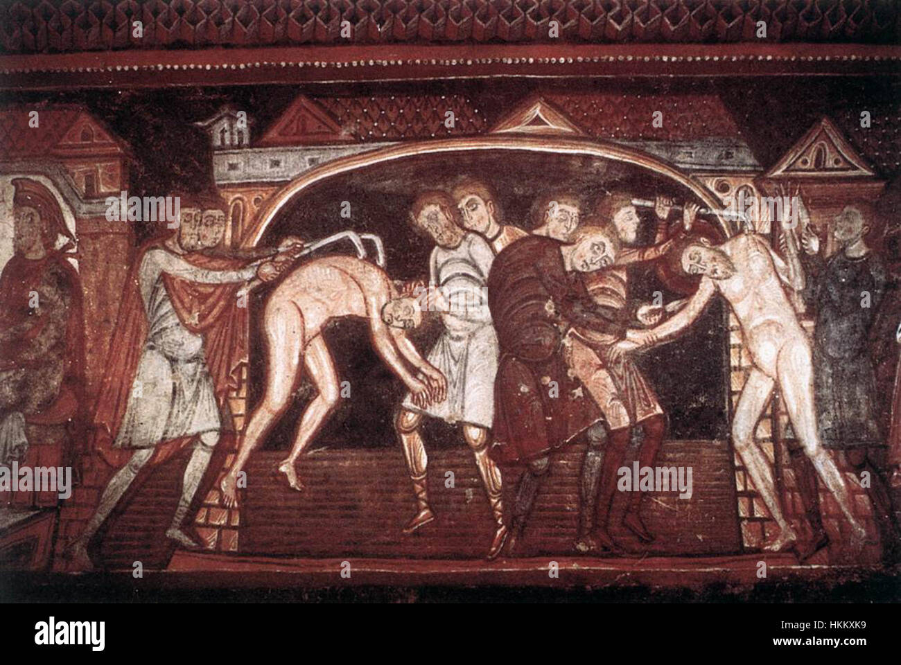 Ce tableau du XIe siècle représente le martyre des saints Savinus et Cyprien, deux saints chrétiens torturés pour leur foi. L'œuvre reflète l'approche médiévale des thèmes religieux et du martyre dans l'iconographie chrétienne. Banque D'Images