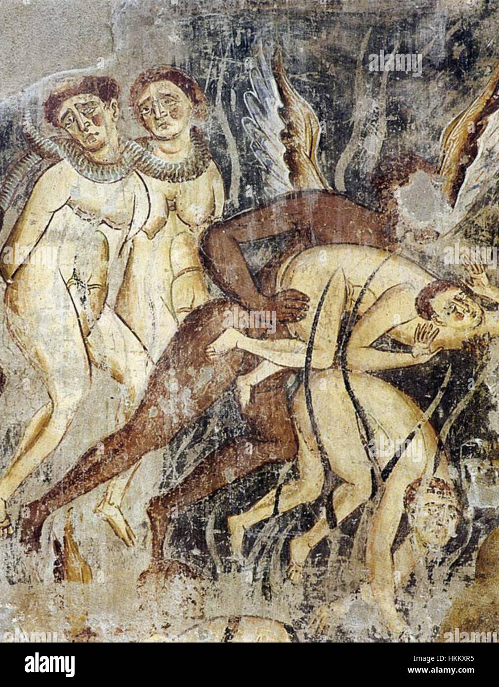 Le « jugement dernier » (détail) d'un peintre inconnu du XIe siècle est une œuvre d'art historique religieuse qui représente la scène du jugement final de l'eschatologie chrétienne. La peinture est remarquable pour sa représentation symbolique du ciel et de l'enfer. Banque D'Images