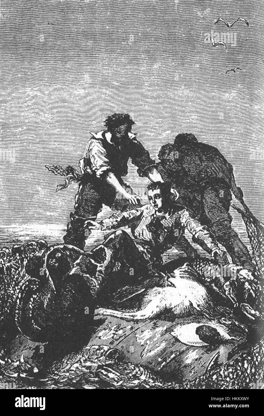 Cette illustration tirée de « vingt mille lieues sous la mer » par Neuville et Riou représente le célèbre voyage sous-marin du capitaine Nemo. L’œuvre donne vie aux aventures sous-marines du roman, mettant en vedette la vie sous-marine et marine. Banque D'Images