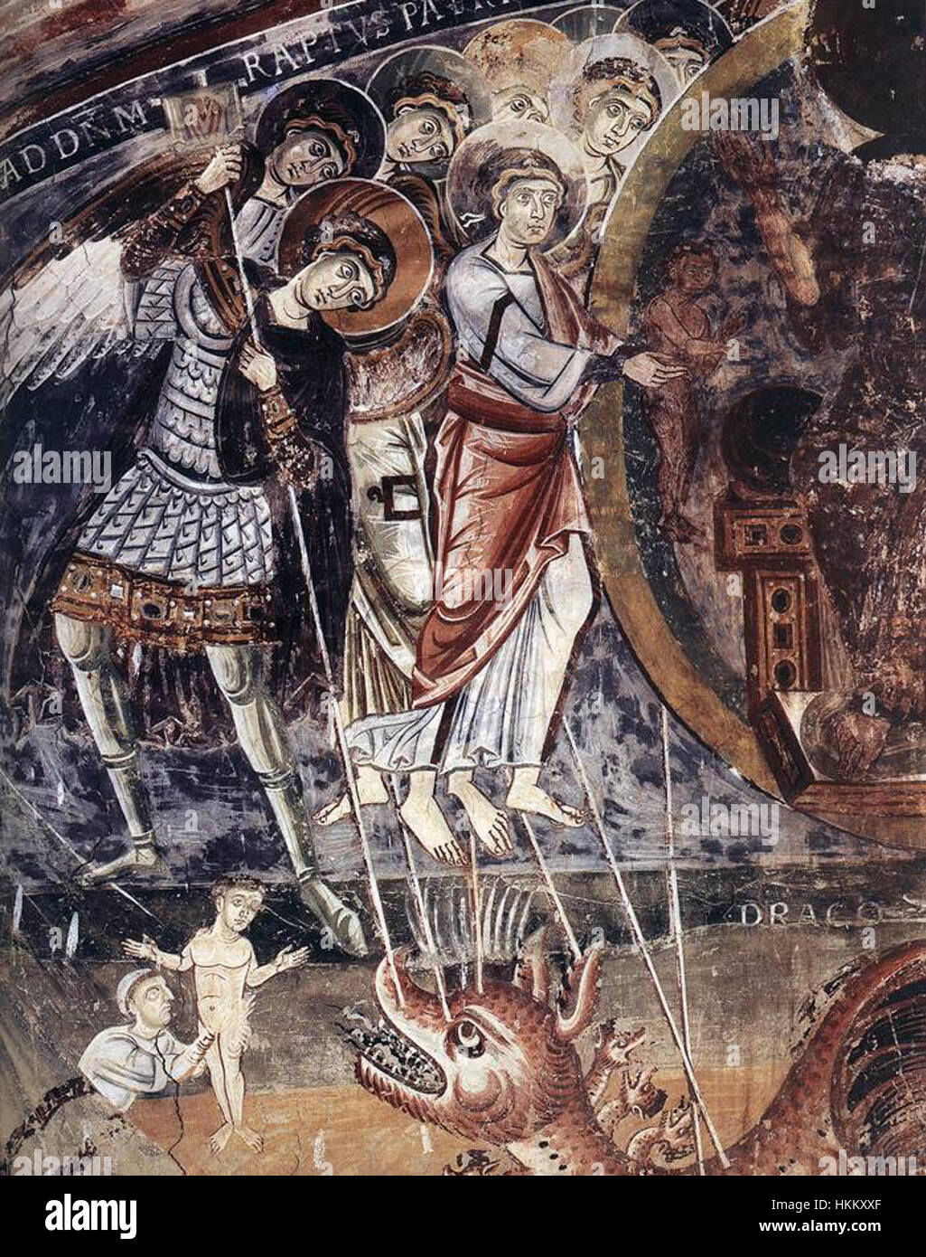 Ce détail tiré d'une peinture d'artistes inconnus du XIe siècle représente le combat légendaire avec un dragon, un motif commun dans le moyen-âge Il met en valeur la confrontation dramatique entre l'homme et la bête. Banque D'Images