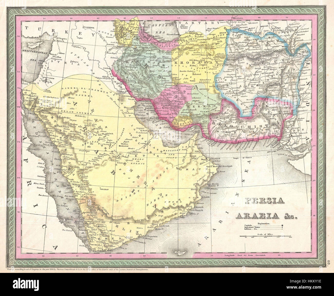La carte Mitchell de 1850 fournit une vue géographique détaillée de l'Arabie, de la Perse et de l'Afghanistan au XIXe siècle. Il reflète la connaissance cartographique de l’époque et le paysage géopolitique de ces régions. Banque D'Images