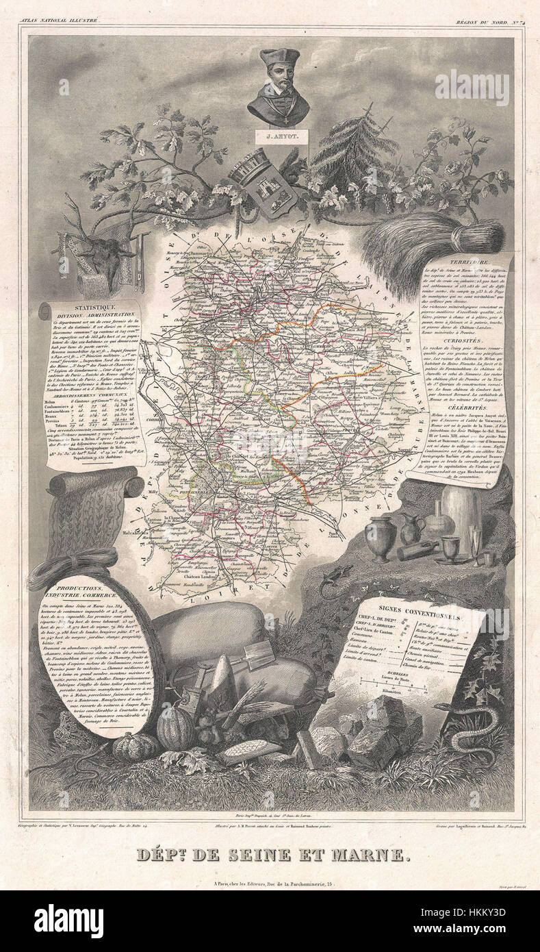 1852 Carte Levasseur du département de Seine et Marne, France (Fromage de Meaux) - Geographicus - SeineEtMarne-levasseur-1852 Banque D'Images