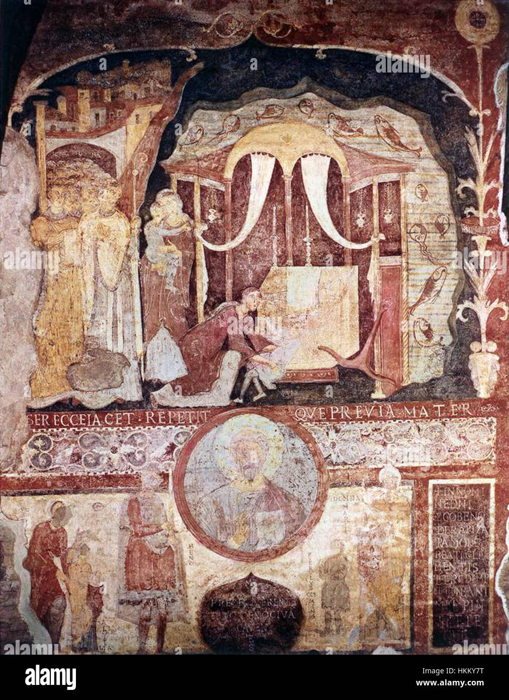 Ce tableau du XIe siècle représente le sauvetage miraculeux d'un enfant, un chef-d'œuvre anonyme de l'époque médiévale. La scène est riche en symbolisme religieux, typique de l'européen médiéval compris Banque D'Images