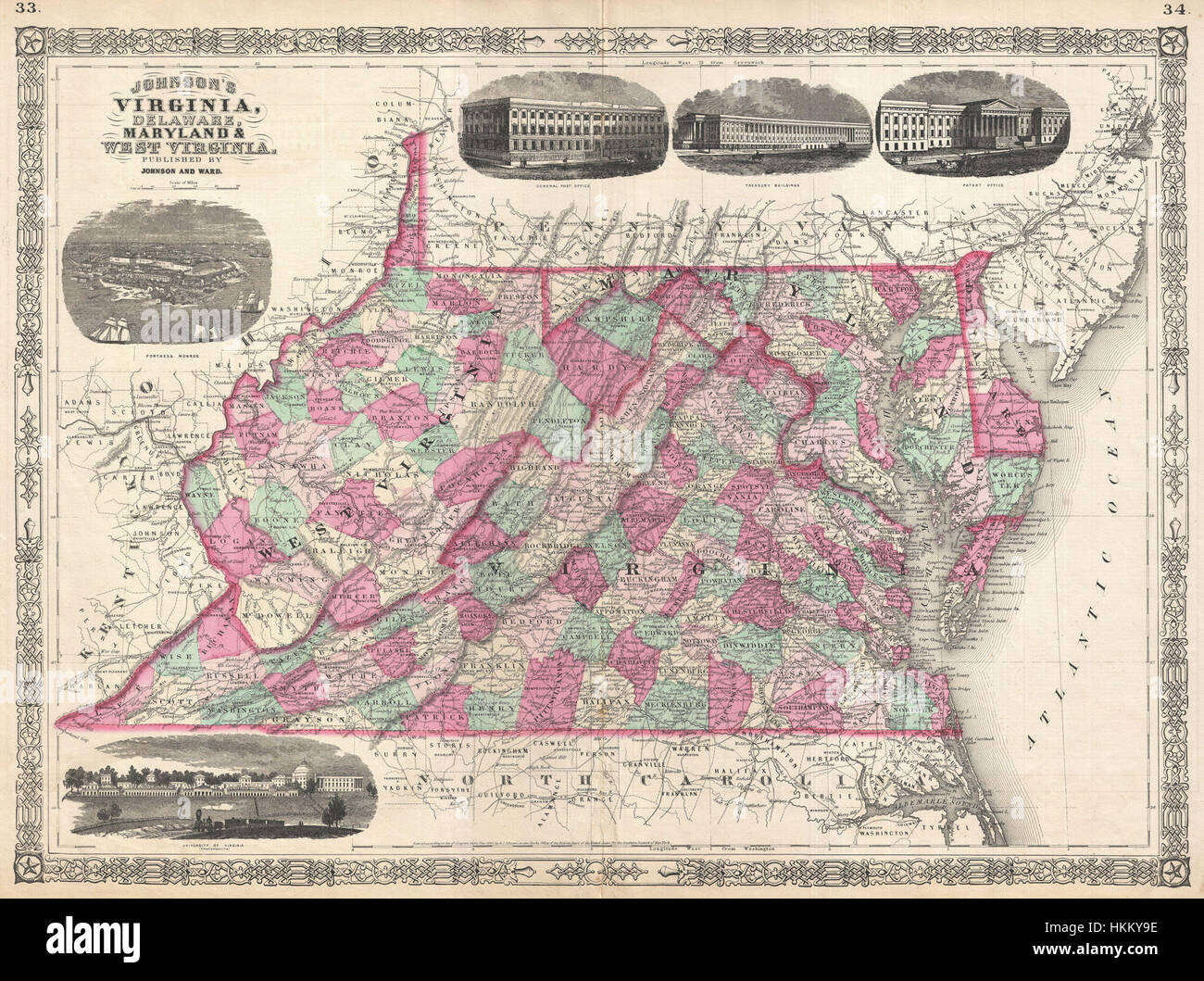 Cette carte de 1866 de l'Atlas de Johnson montre les états de Virginie, Virginie-occidentale, Maryland et Delaware. Il offre une vue historique de la région, marquant des caractéristiques importantes et des frontières politiques pendant la période de l'après-guerre civile. Banque D'Images