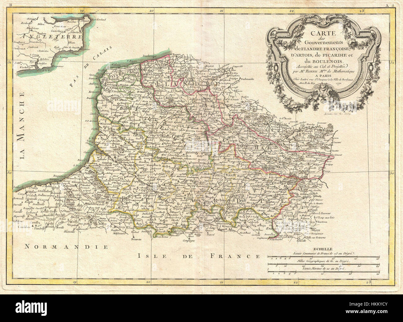La bonne carte de 1771 de Picardie, Artois et Flandre française fournit une représentation détaillée des régions du nord de la France. La carte reflète le style cartographique du XVIIIe siècle, offrant un aperçu historique précieux de la géographie de la France. Banque D'Images