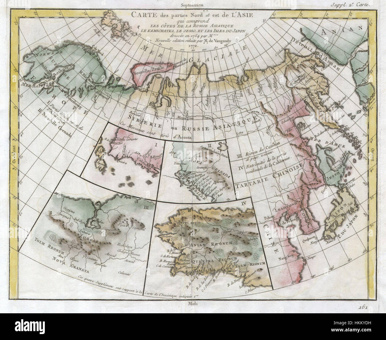 Cette carte de 1772 de Vaugondy et Diderot offre une représentation détaillée de l'Asie, de l'Alaska et du passage du Nord-est. Il s'agit d'une carte historique essentielle mettant en valeur la compréhension géographique et les explorations de l'époque. Banque D'Images