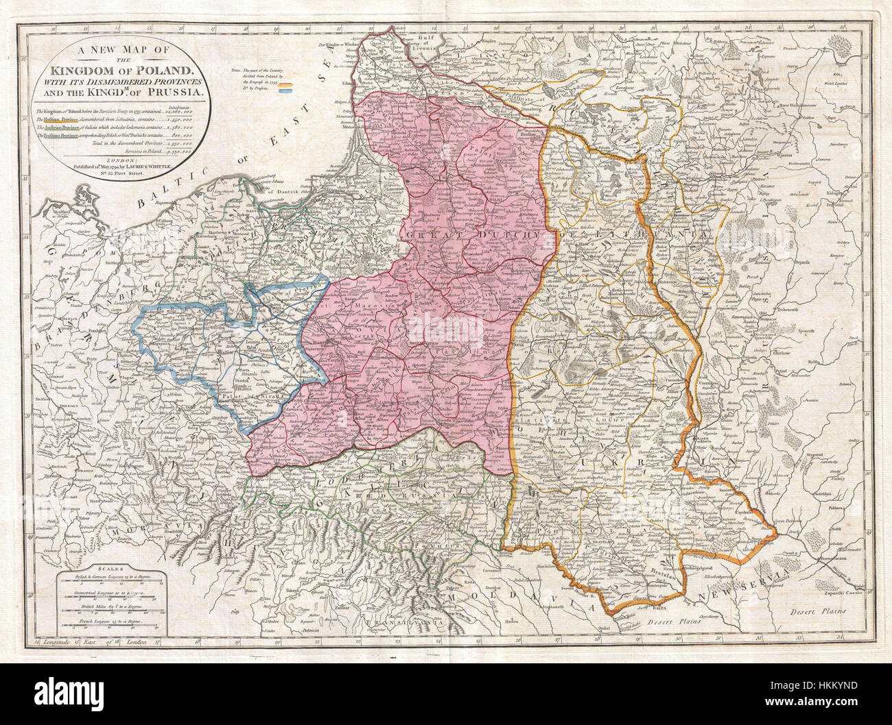 La carte Laurie et Whittle de la Pologne et de la Lituanie de 1794, produite après la seconde partition, décrit les changements de frontières territoriales à la suite des divisions politiques de la Pologne à la fin du XVIIIe siècle. Banque D'Images