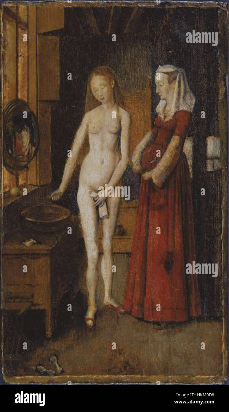 Cette œuvre d'art, une pièce d'après van Eyck, est basée sur la célèbre peinture "femme à ses toilettes", à l'origine par Jan van Eyck. Il présente une représentation détaillée d’une femme qui se prépare, avec un miroir reflétant son image, mettant en valeur l’utilisation exceptionnelle de la lumière et de la texture par van Eyck. Cette reproduction honore la technique méticuleuse du maître et son souci du détail. Banque D'Images