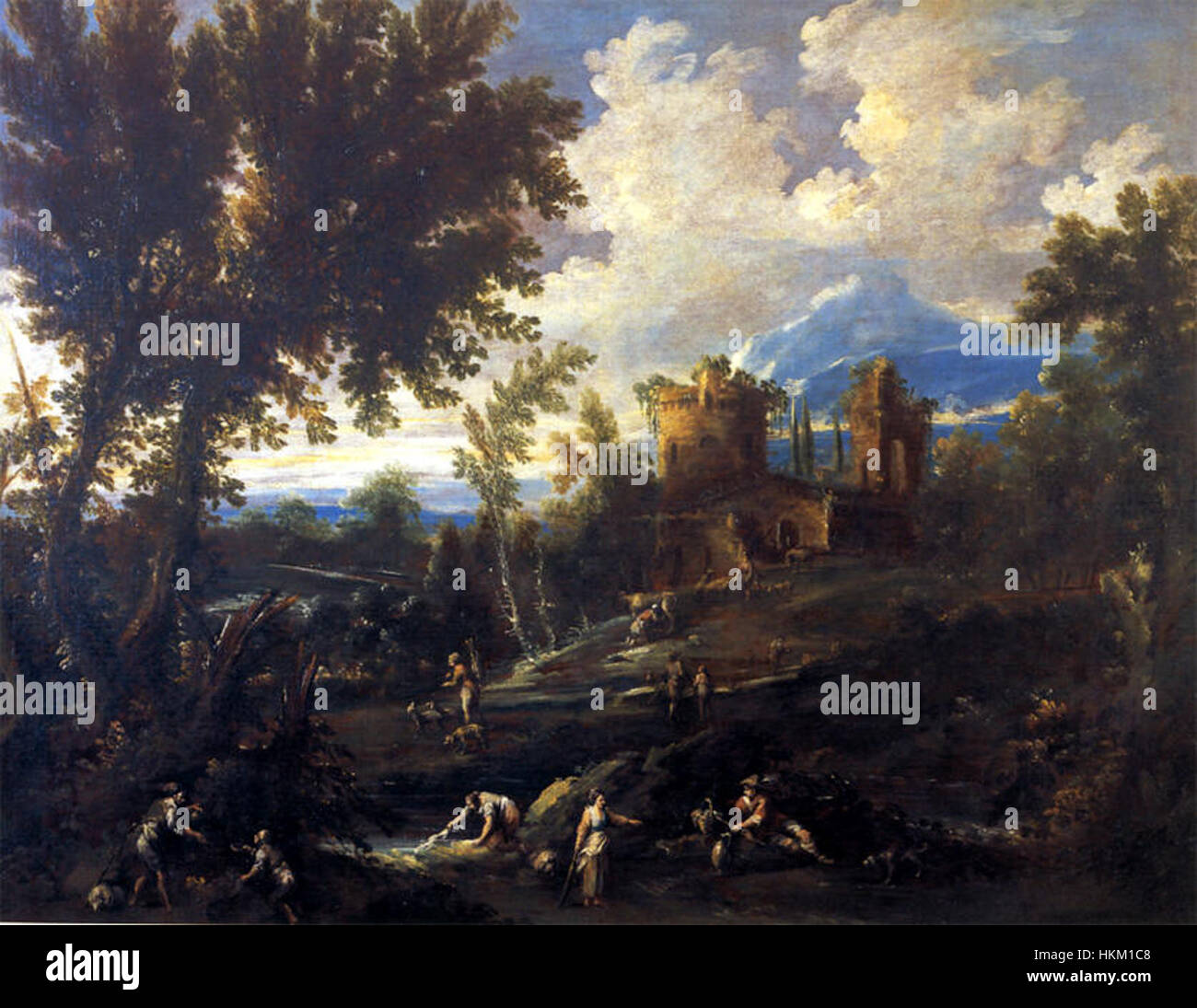 Le *Paessaggio alberato con torre e borgo in Rovina* d’Antonio Francesco Peruzzini présente un paysage d’un sentier arboré menant à une tour en ruines et à un village. Cette peinture du XVIIIe siècle capture l'ambiance évocatrice de la nature en décomposition et le passage du temps. Banque D'Images