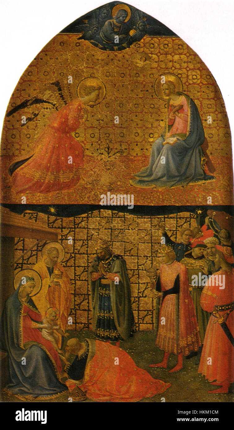 Cette œuvre de Fra Angelico, représentant l'Annonciation et l'Adoration des Mages, illustre le style du début de la Renaissance. La peinture est connue pour ses figures délicates, ses couleurs lumineuses et son symbolisme religieux. Banque D'Images