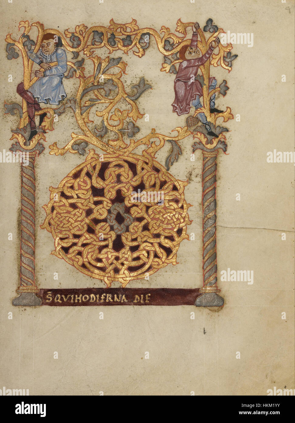 Une initiale magnifiquement décorée 'd' attribuée à Nivardus de Milan, un artiste italien actif au début du XIe siècle. La pièce reflète le style d'illumination manuscrit complexe de l'époque, mettant en valeur les techniques artistiques médiévales et le symbolisme. Banque D'Images