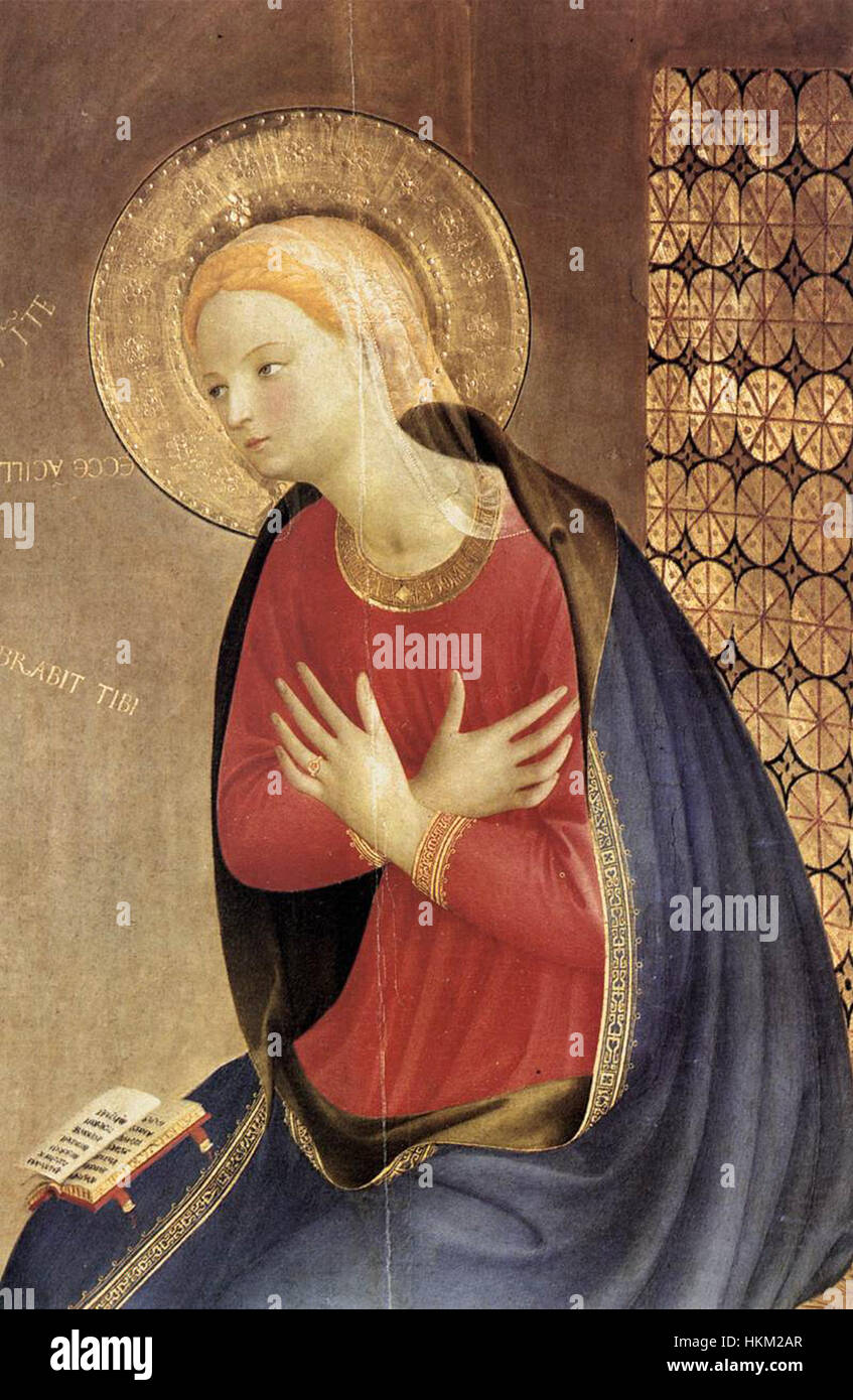 Une peinture religieuse de Fra Angelico représentant l'Annonciation, connue pour sa composition détaillée et l'utilisation vibrante de la couleur. Banque D'Images