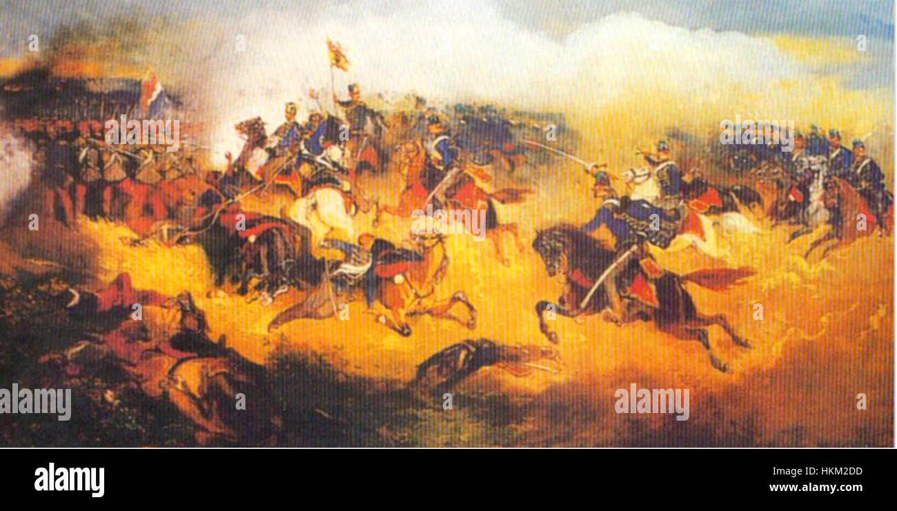 Cette peinture représente la charge du 13e régiment de hussards lors de la bataille de Solférino en 1859, capturant l'intense action militaire et l'importance historique de cette bataille dans la seconde Guerre d'indépendance italienne. Banque D'Images